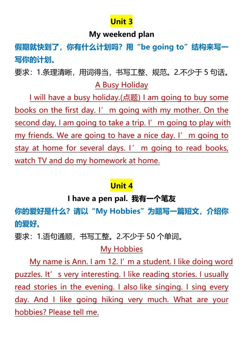 【2025秋新版】【六年级上册英语】各单元英语作文范文-学海库