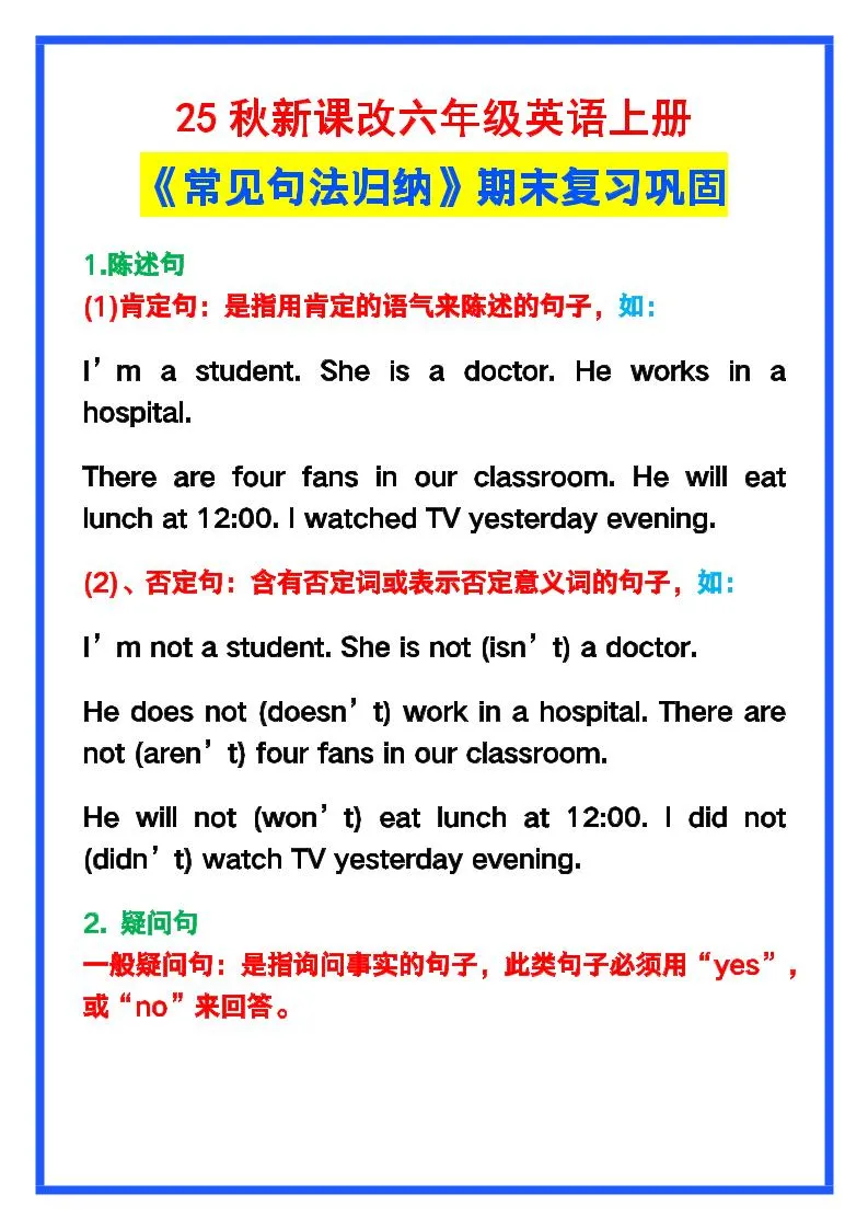 【2025秋新版】六年级英语上册《常见句法归纳》，期末复习！