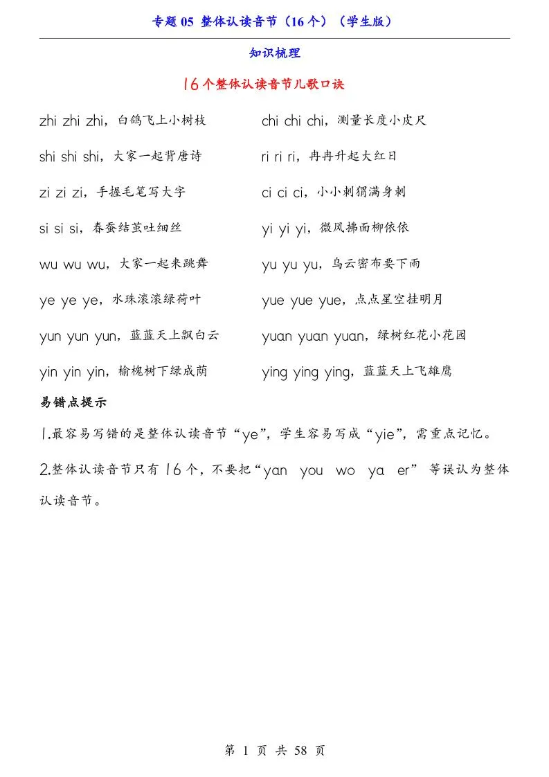 一上语文-专题05整体认读音节（16个）（知识+训练）