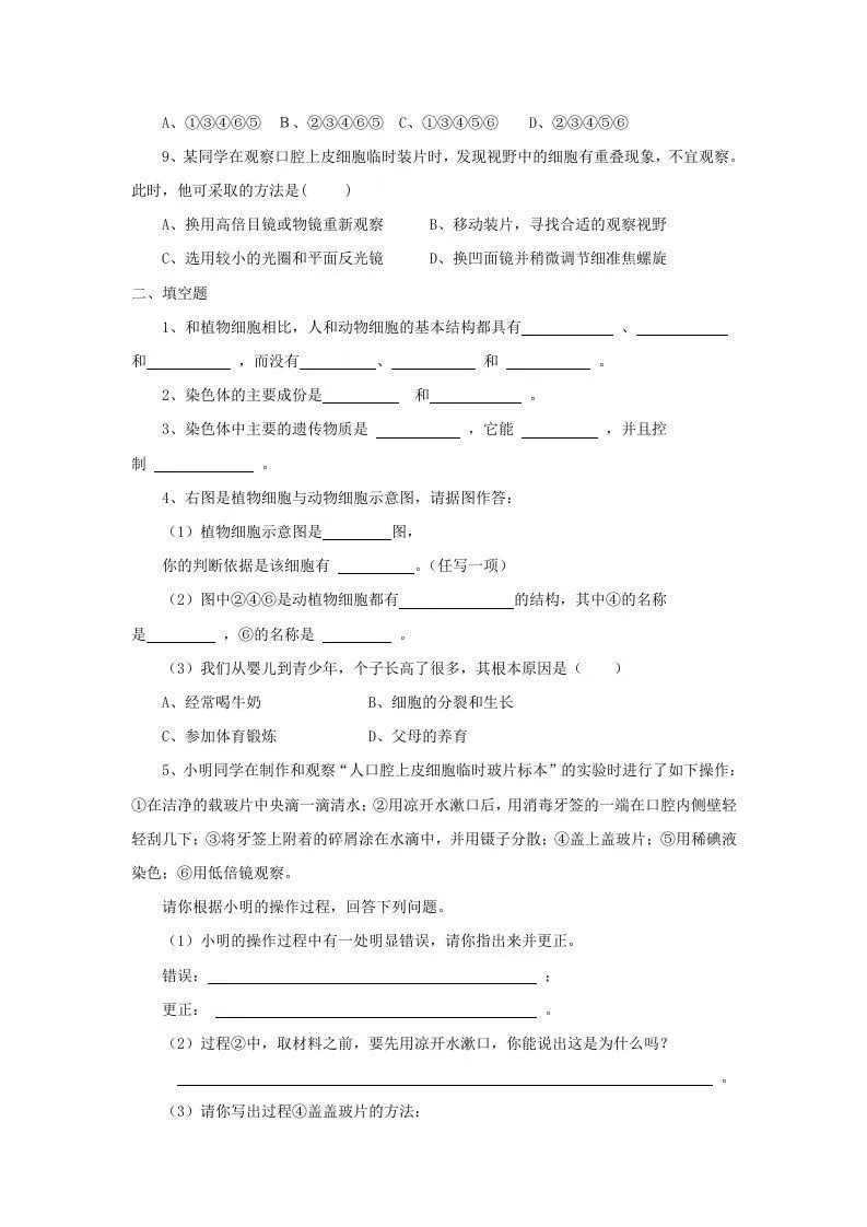 七年级上册生物第二单元第一章第三节试卷及答案(Word版)