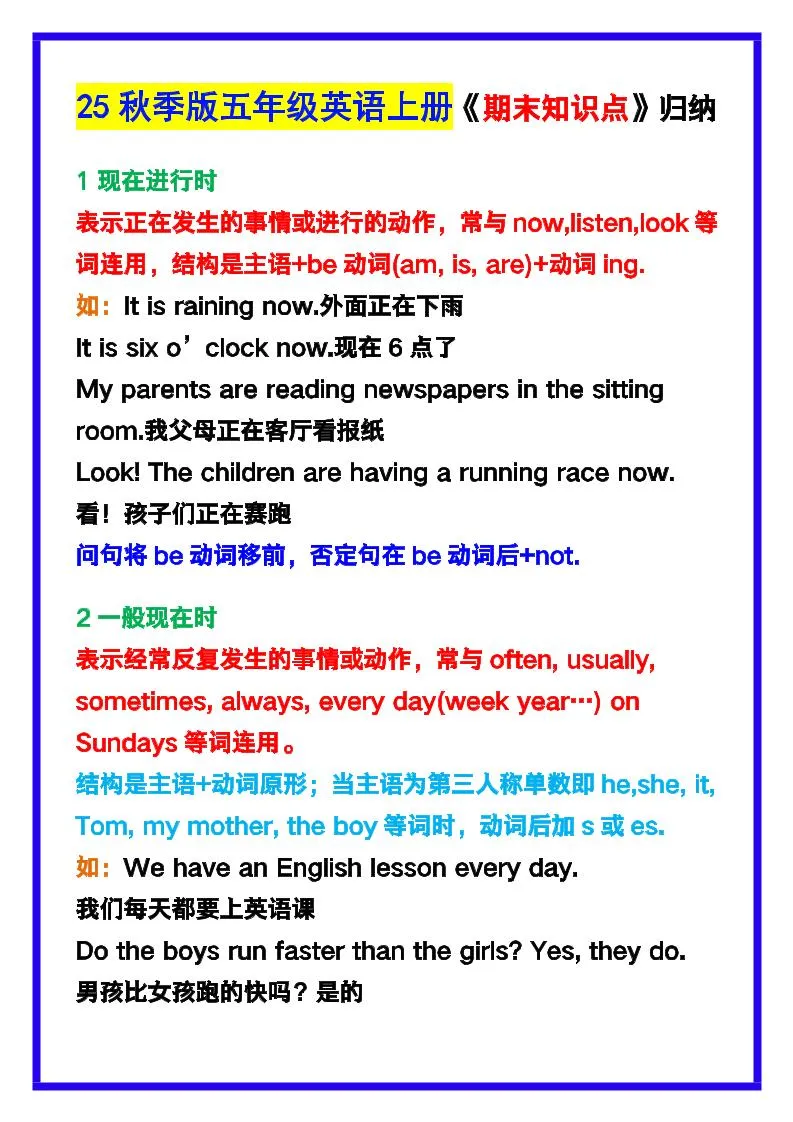 【2025秋新版】五年级英语上册《期末知识点》归纳汇总！