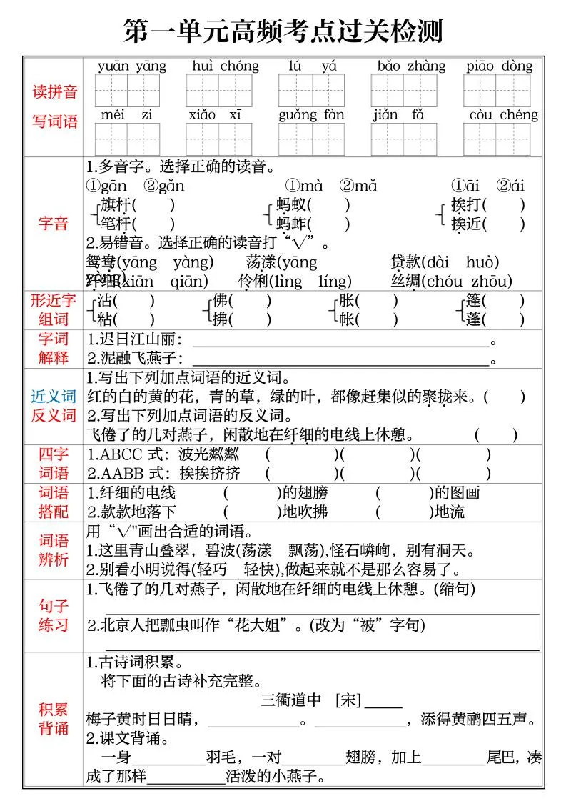 三年级下语文1-8单元高频考点过关检测