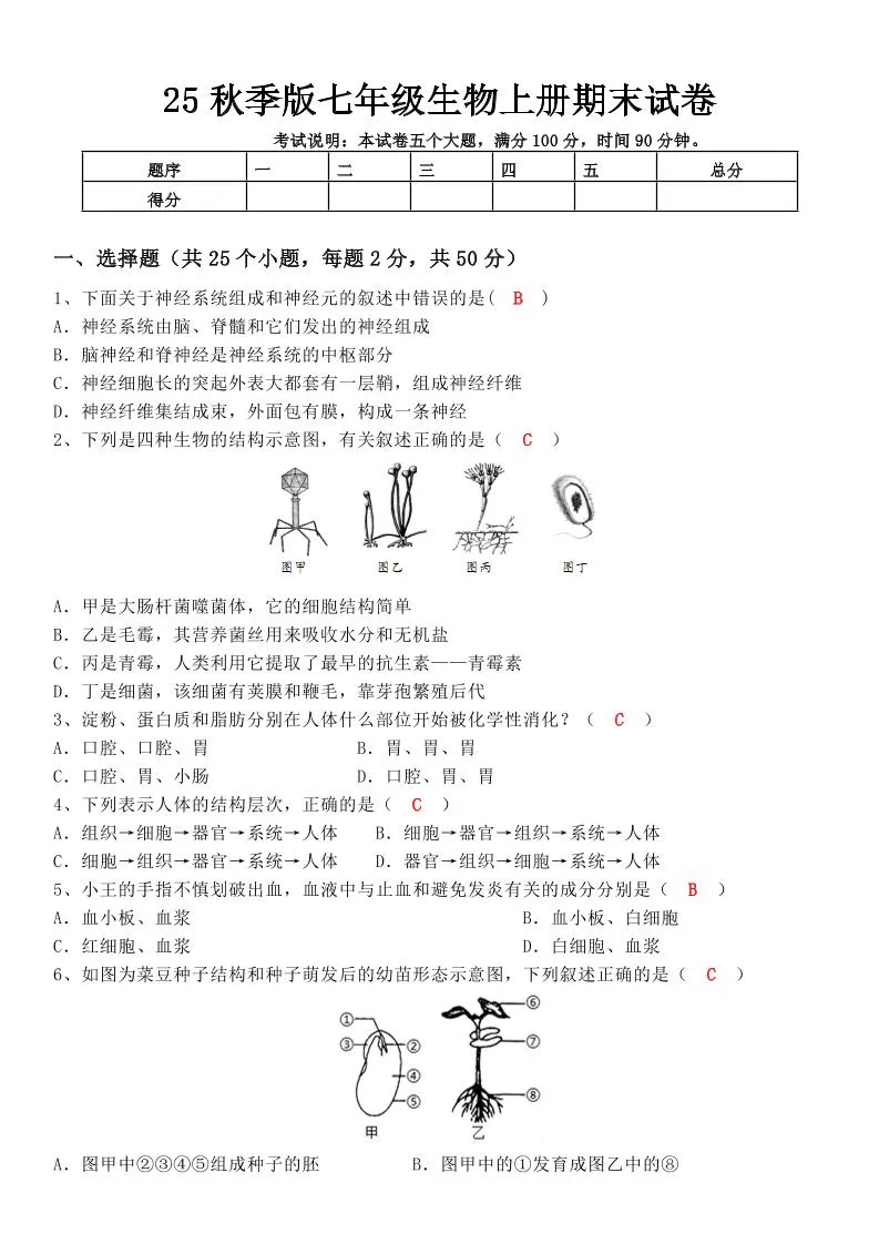 【2025秋新版】七年级生物上册期末试卷