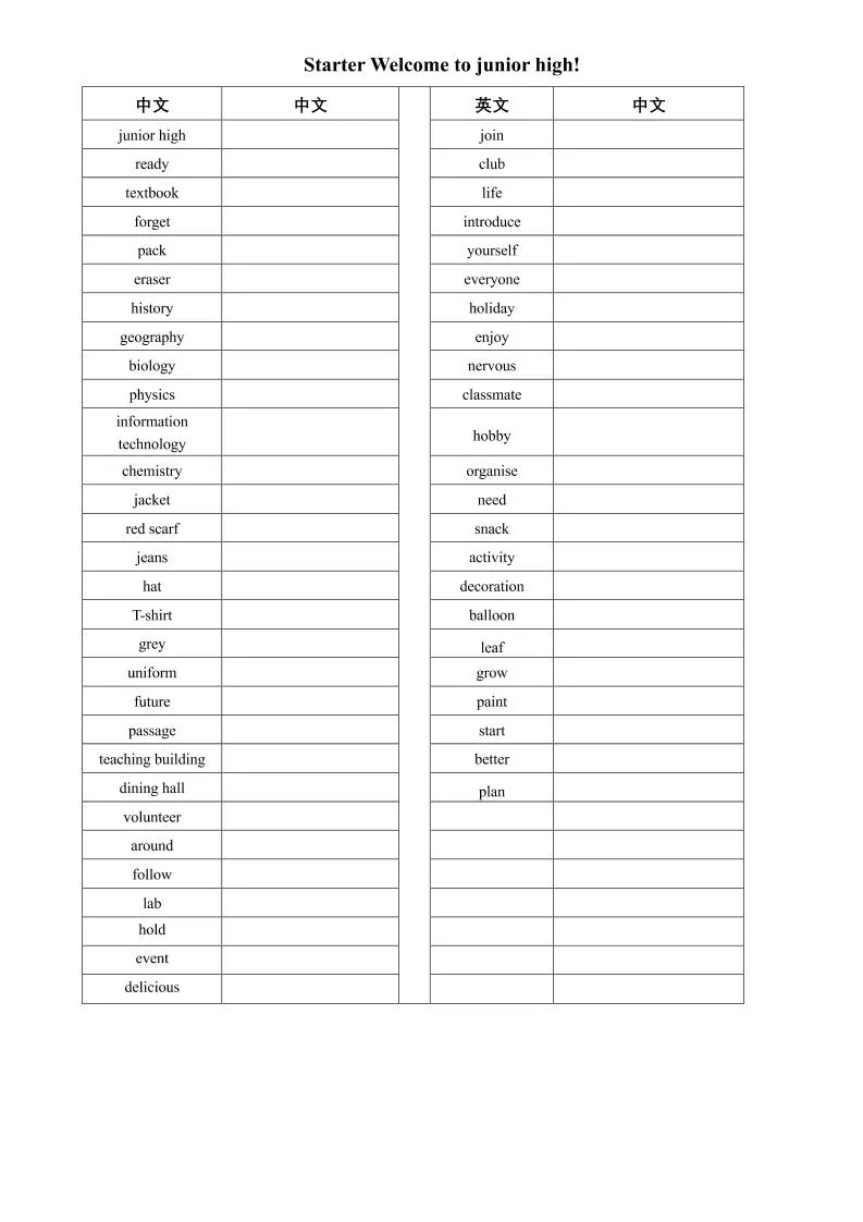 七年级上英语单词（英译中）-学海库