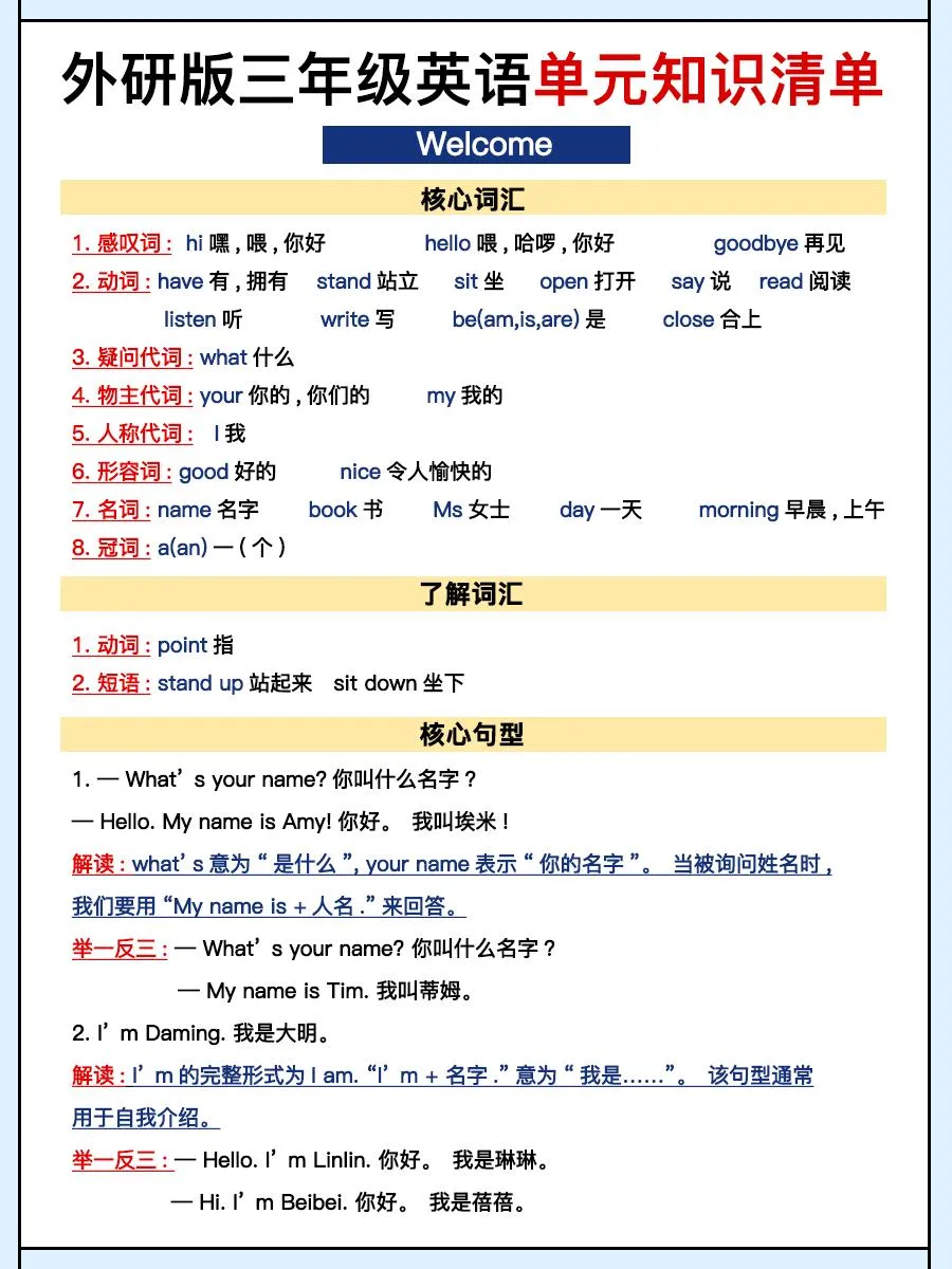 外研三上英语知识清单全