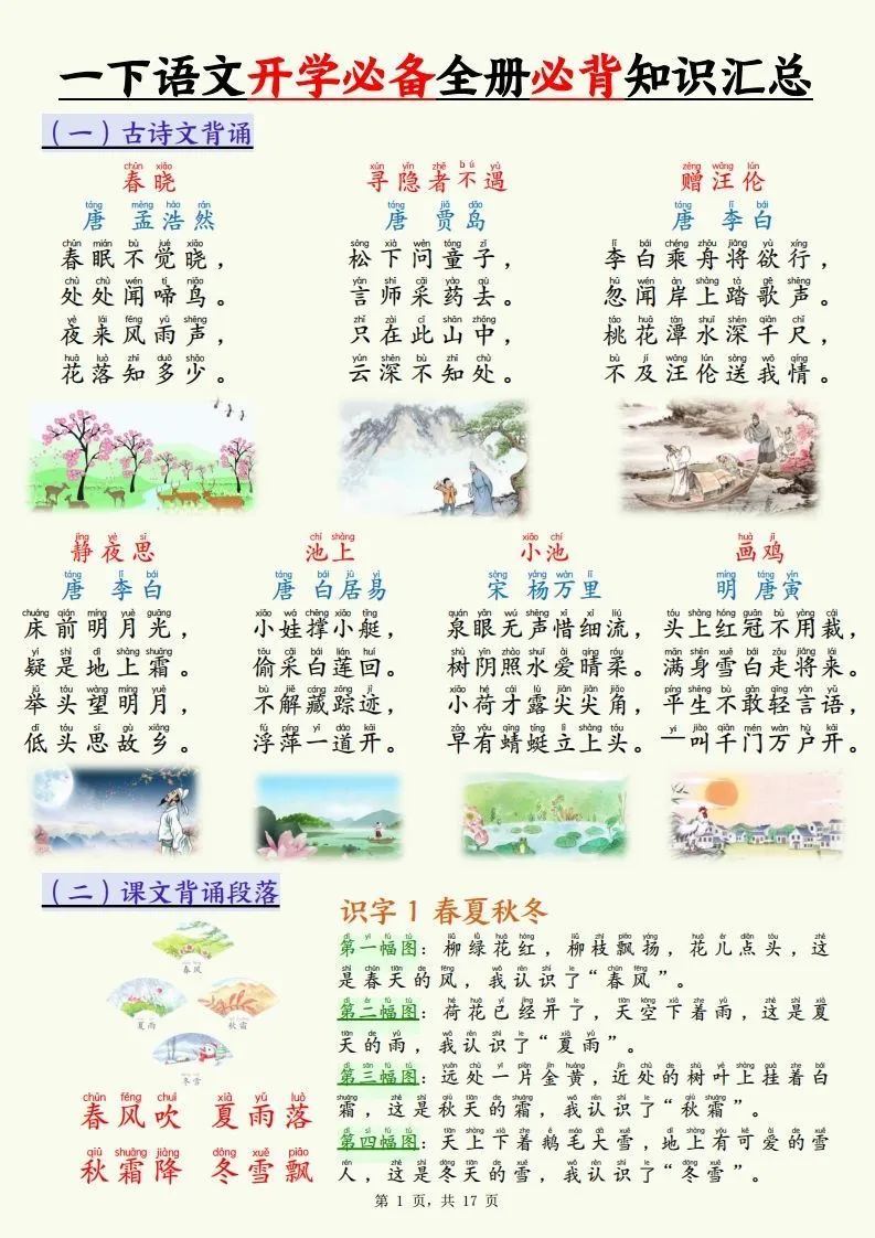 【25春一下语文开学必备全册必背知识汇总（十三类知识点）17页
