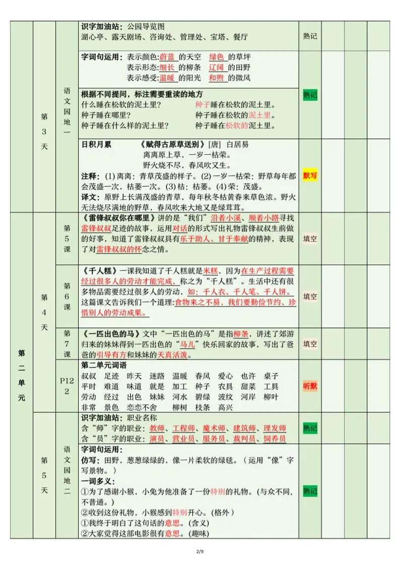 二年级下语文期末复习计划清单-学海库