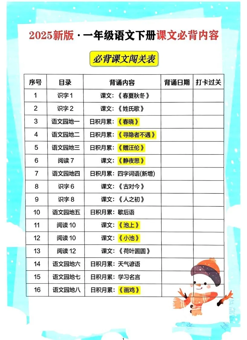 一年级下册语文必背课文_纯图版