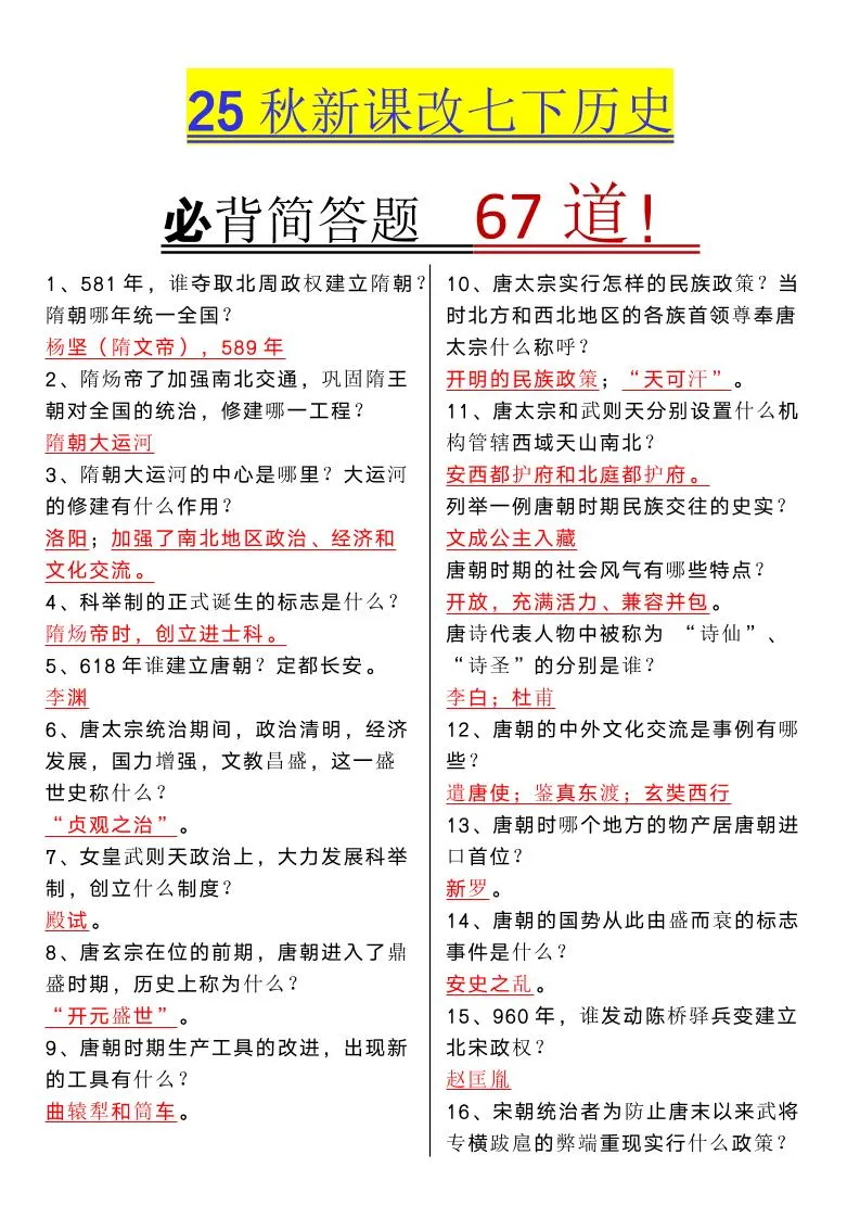 【2025秋新版】七年级下册历史必背简答题67道-学海库