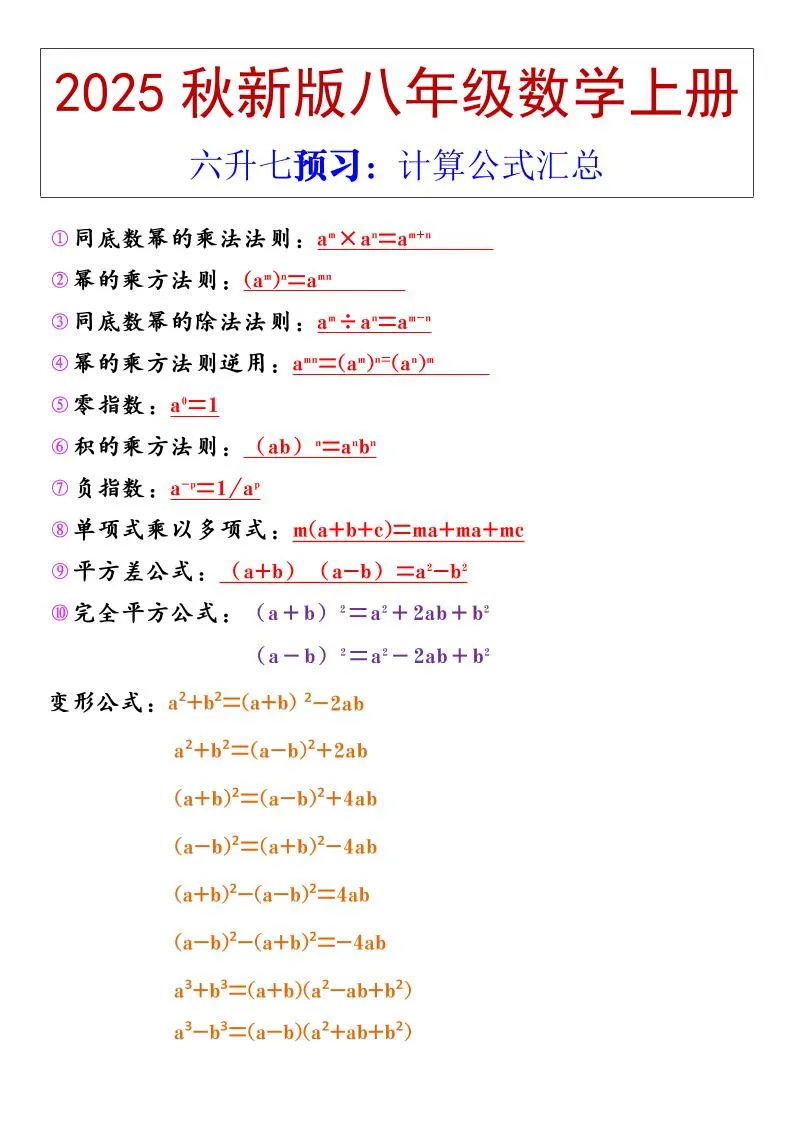 【2025秋新版】八年级上册数学计算公式汇总-学海库