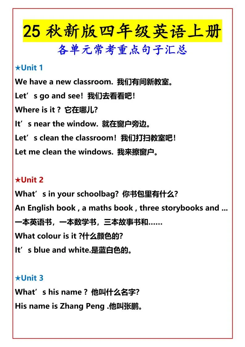 【2025秋新版】四年级英语上册各单元常考重点句子汇总