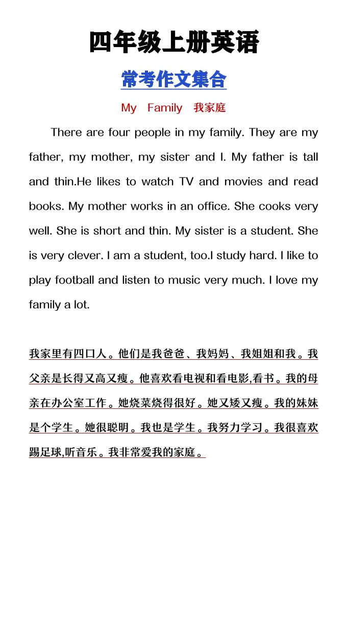 【2025秋新版】四年级上册英语常考作文合集-学海库