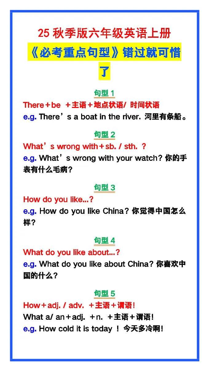 【2025秋新版】六年级英语上册《必考重点句型》错过就太可惜了！