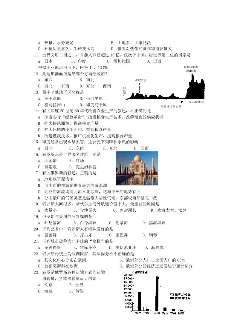 七年级下册地理第七章试卷及答案人教版(Word版)