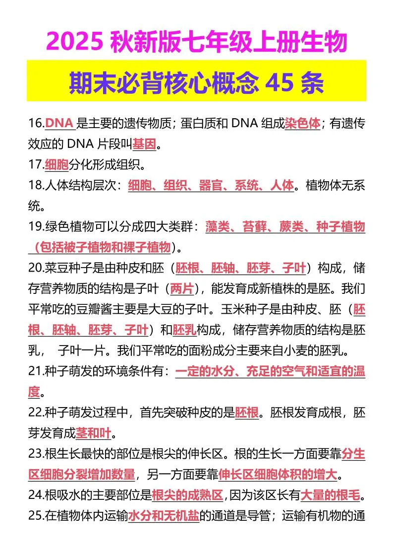 【2025秋新版】七年级上册生物期末必背核心概念45条