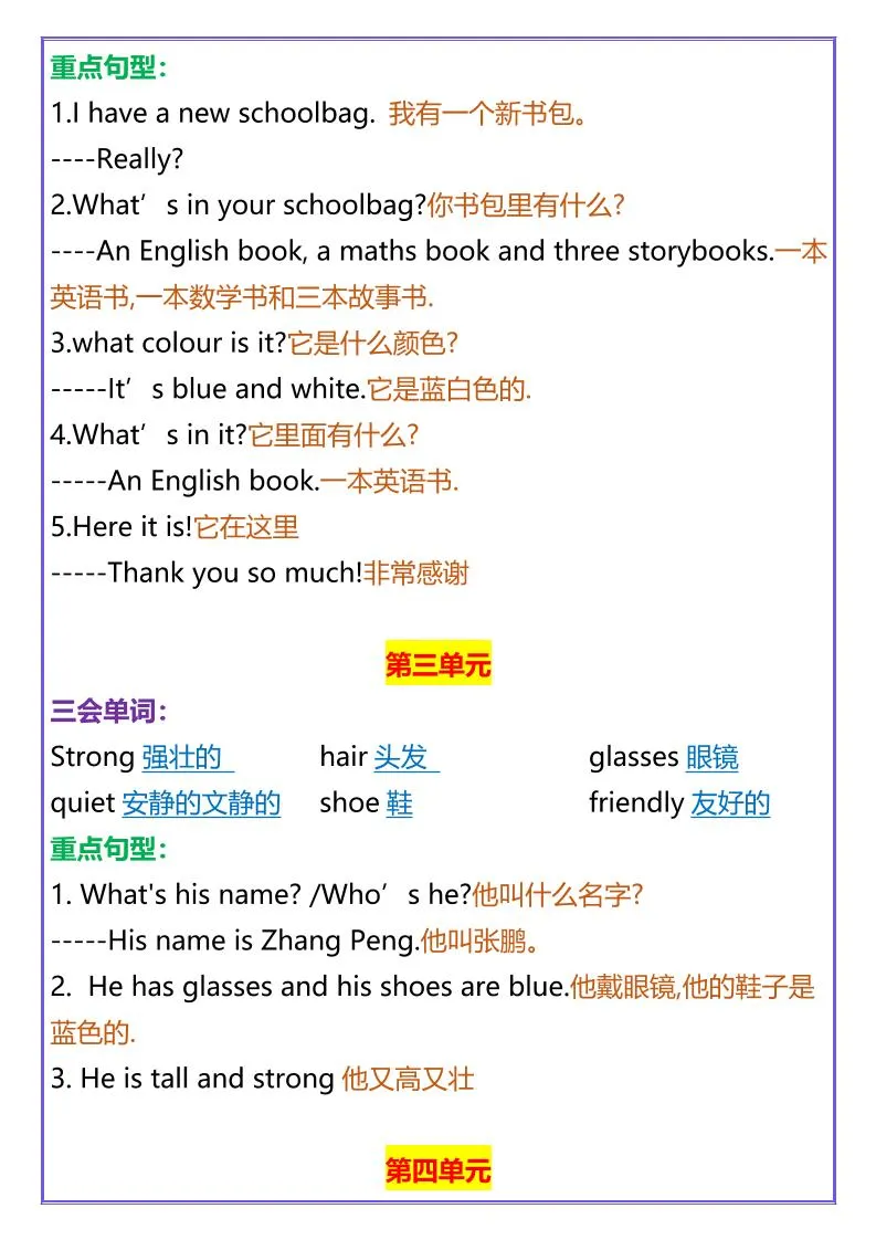 【2025秋新版】四年级上册英语Unit1-8重点知识-学海库