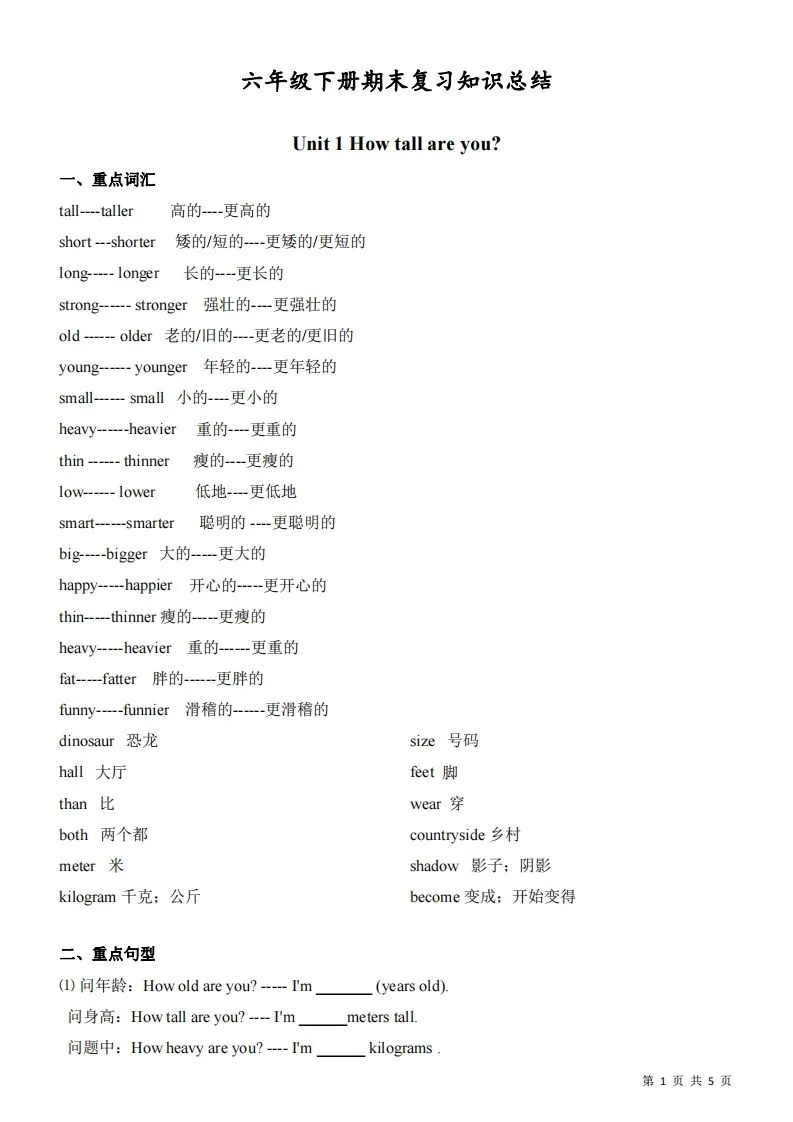 六下人教版PEP英语期末复习知识总结