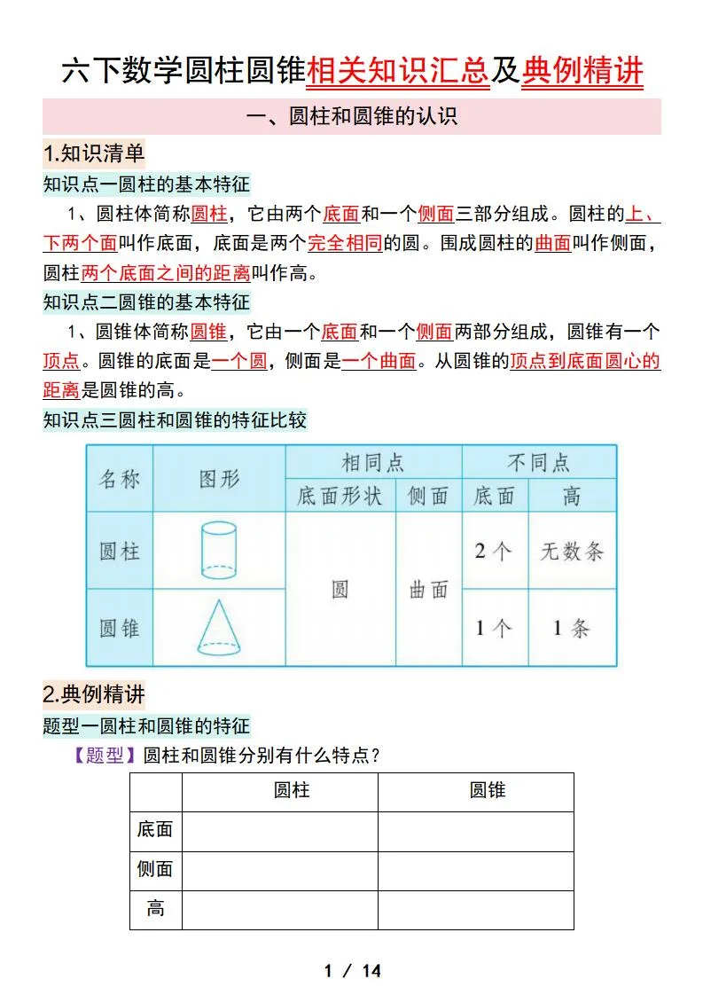 六下数学圆柱圆锥相关知识汇总及典例精讲