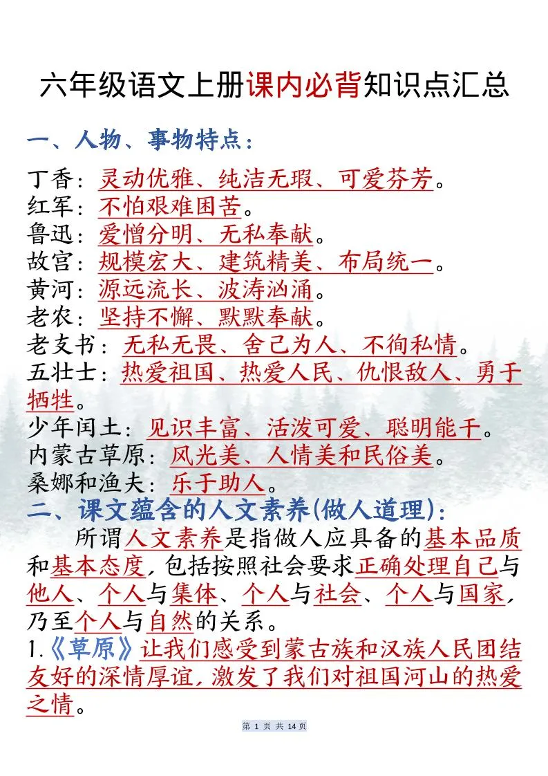 六上语文课内必背知识点汇总（共14页）
