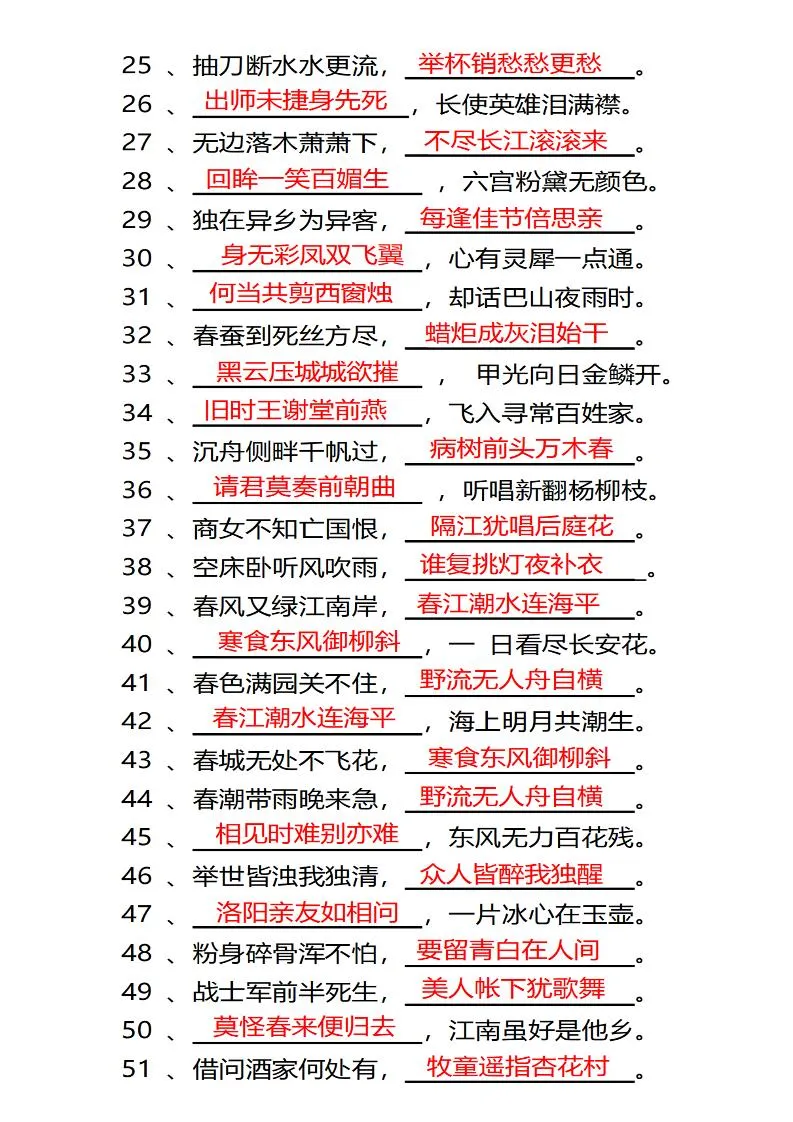 四年级下语文常考古诗词填空100题有答案-学海库