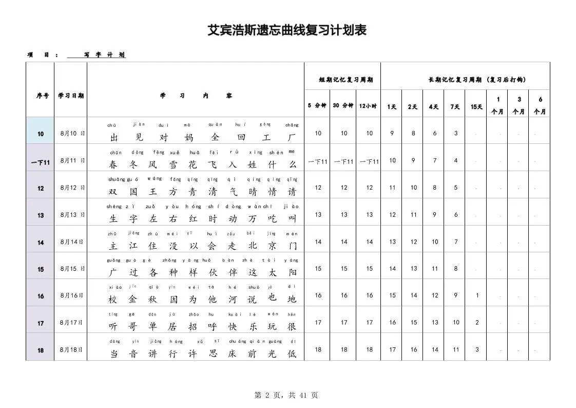 艾宾浩斯曲线生字表3500（1-6年级）-学海库