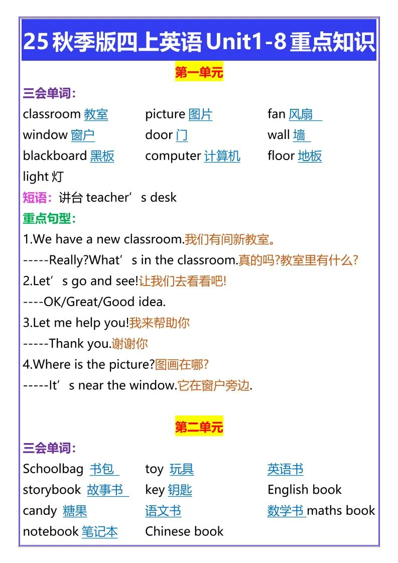 【2025秋新版】四年级上册英语Unit1-8重点知识
