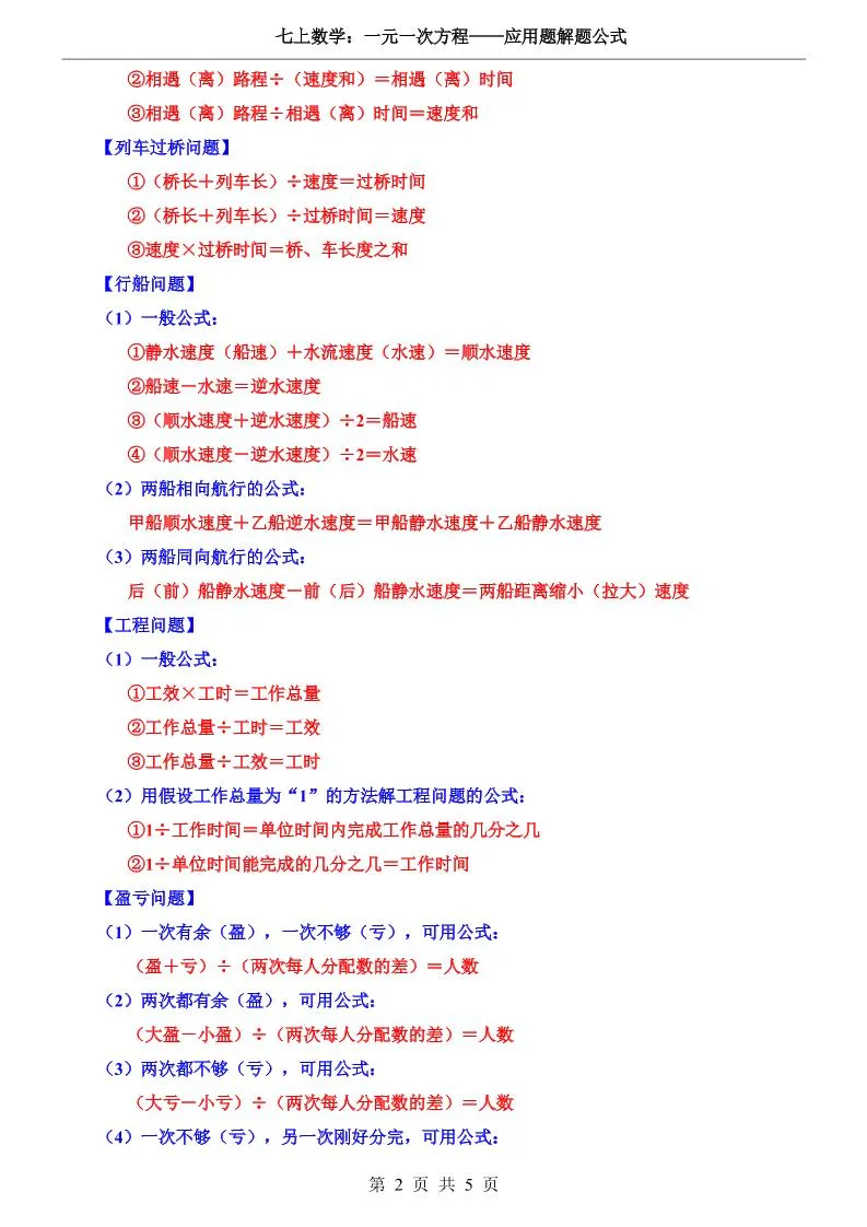 七年级上数学一元一次方程应用题解题公式（青岛版）-学海库