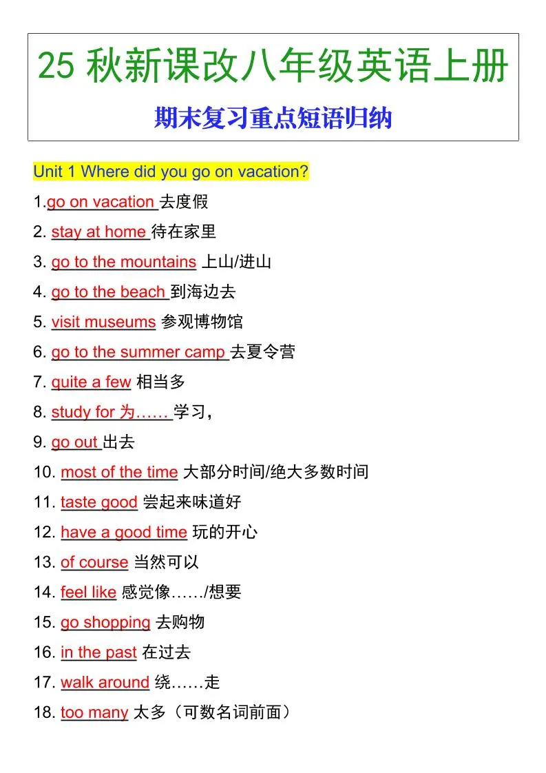 【2025秋新版】八年级英语上册期末复习重点短语归纳