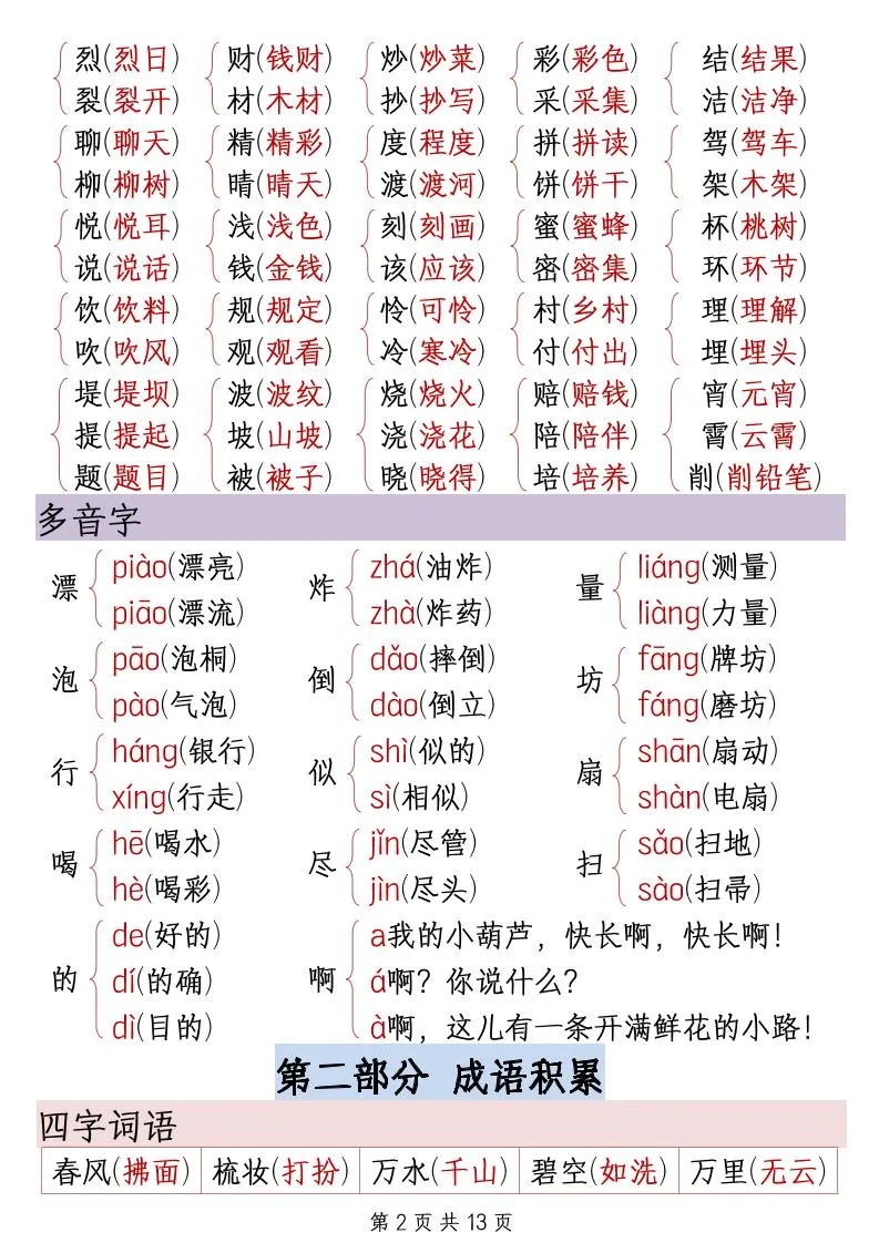 二下语文期末复习重点知识汇总（13页）-学海库