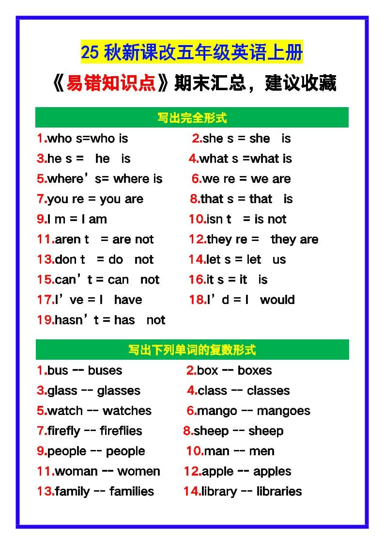 【2025秋新版】五年级英语上册《易错知识点》汇总，建议收藏！