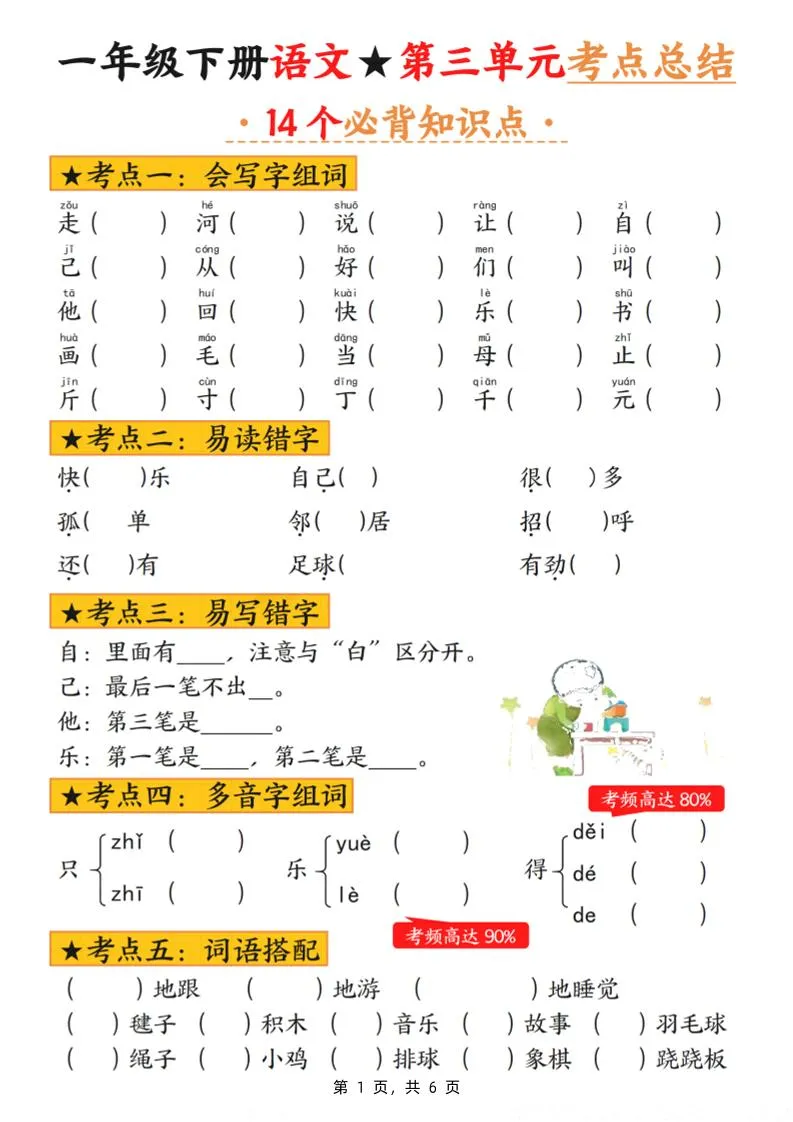 一下语文第三单元考点总结（含练习6页）