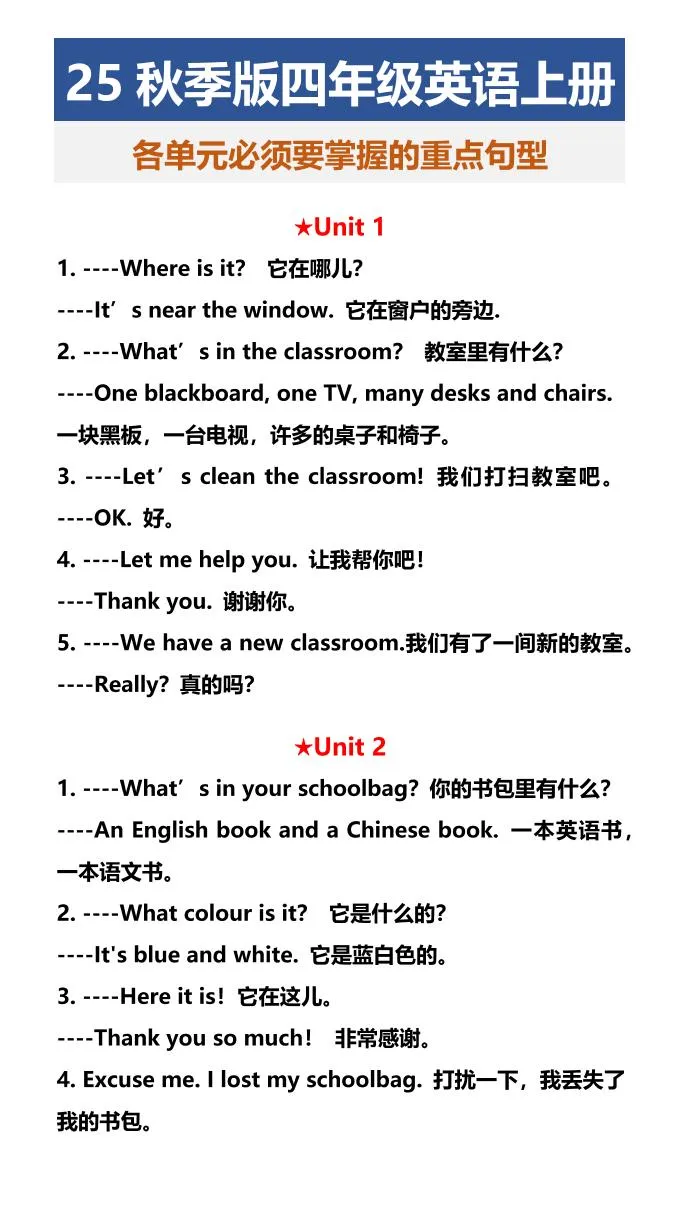 【2025秋新版】四年级英语上册各单元必须要掌握的重点句型