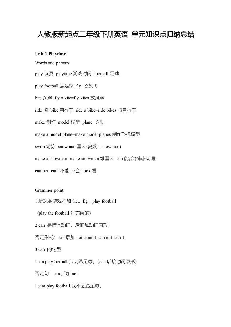 二年级英语下册新起点sl版2单元知识点归纳总结（人教版）