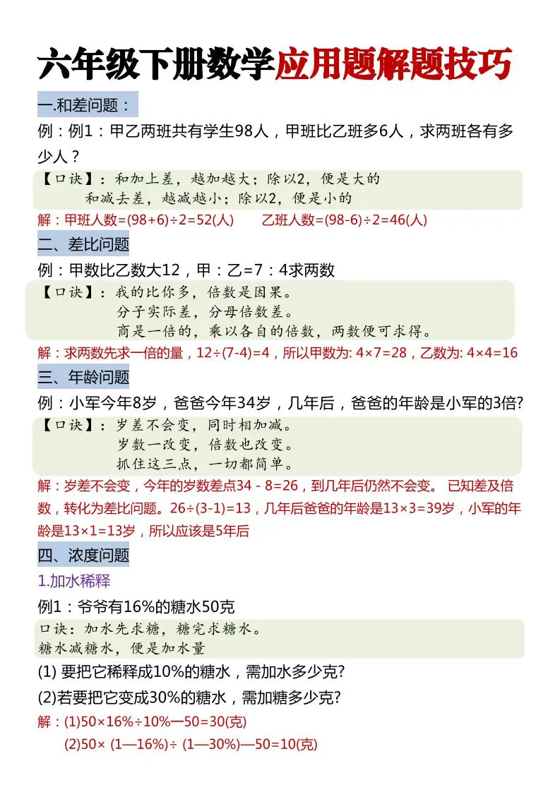六年级下数学经典应用题解题技巧