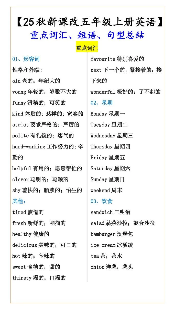 【2025秋新版】【五年级上册英语】重点词汇、短语、句型总结