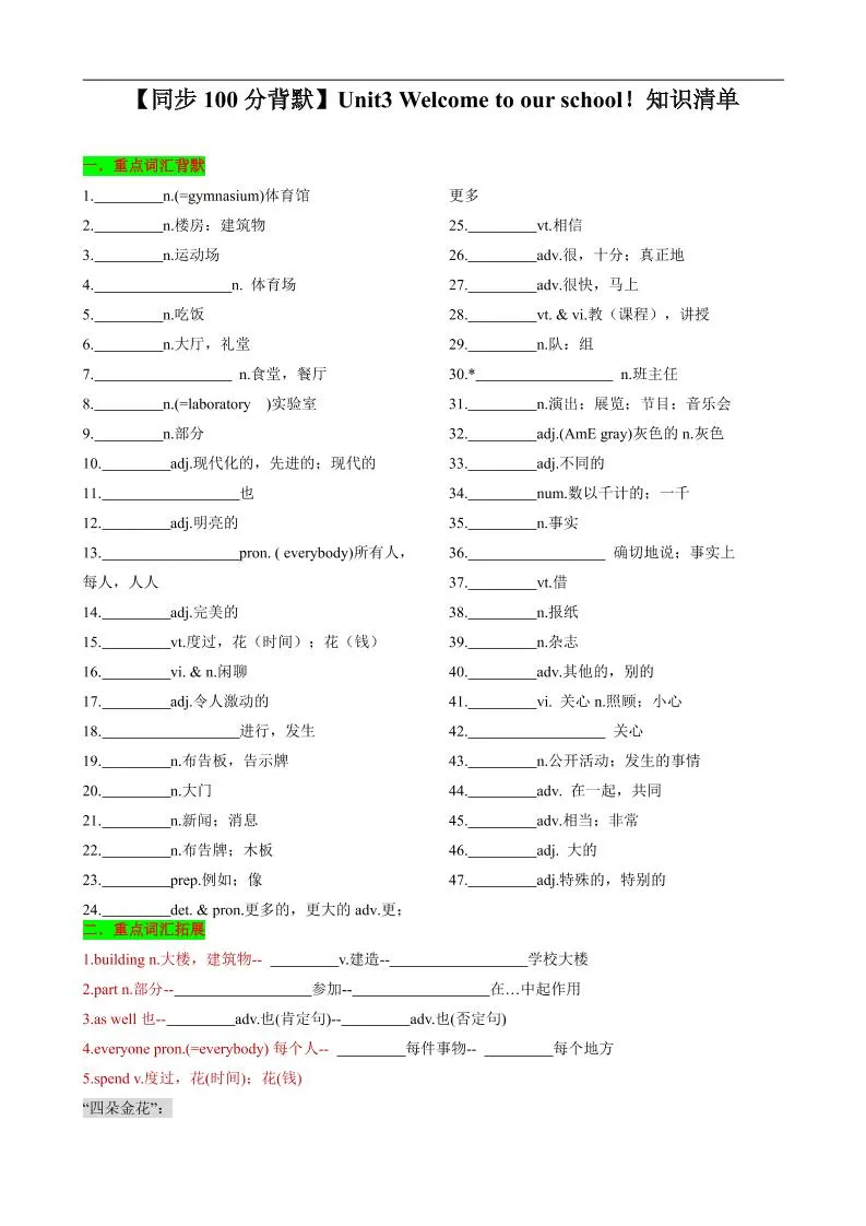 七年级上英语Unit3知识清单背默