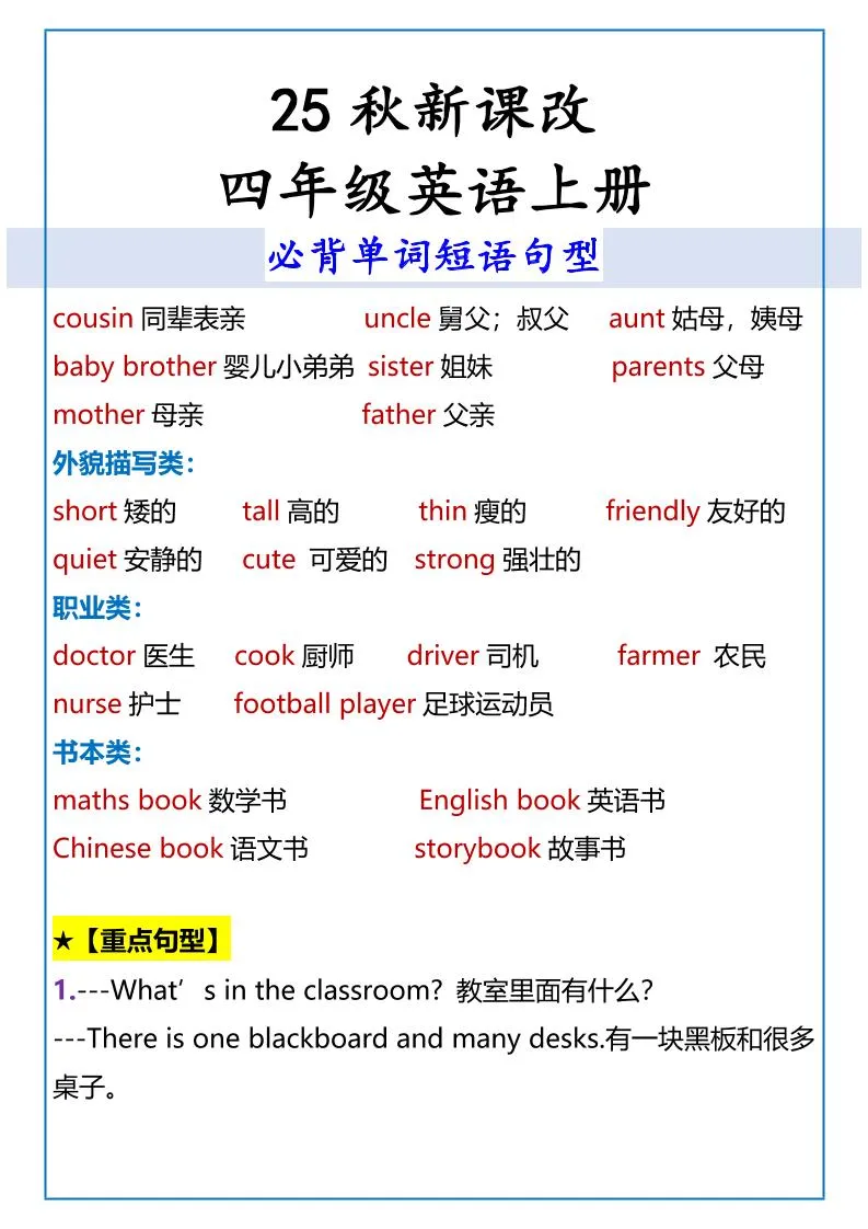 【2025秋新版】四年级英语上册必背单词短语句型-学海库