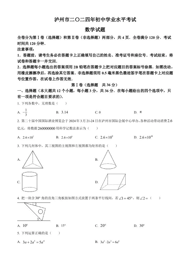 2024年四川省泸州市中考数学试题（空白卷）-学海库