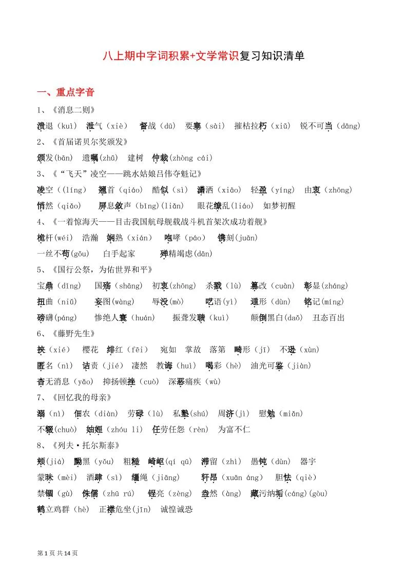 八年级上语文字词积累、文学常识知识清单