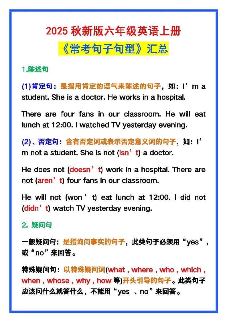 【2025秋新版】六年级英语上册《常考句子句型》汇总，学习巩固必备！