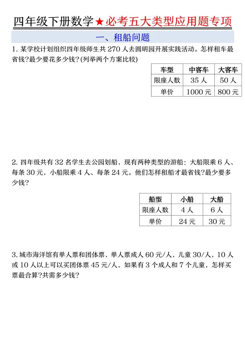 四下数学期末必考五大类型应用题（有答案）-学海库