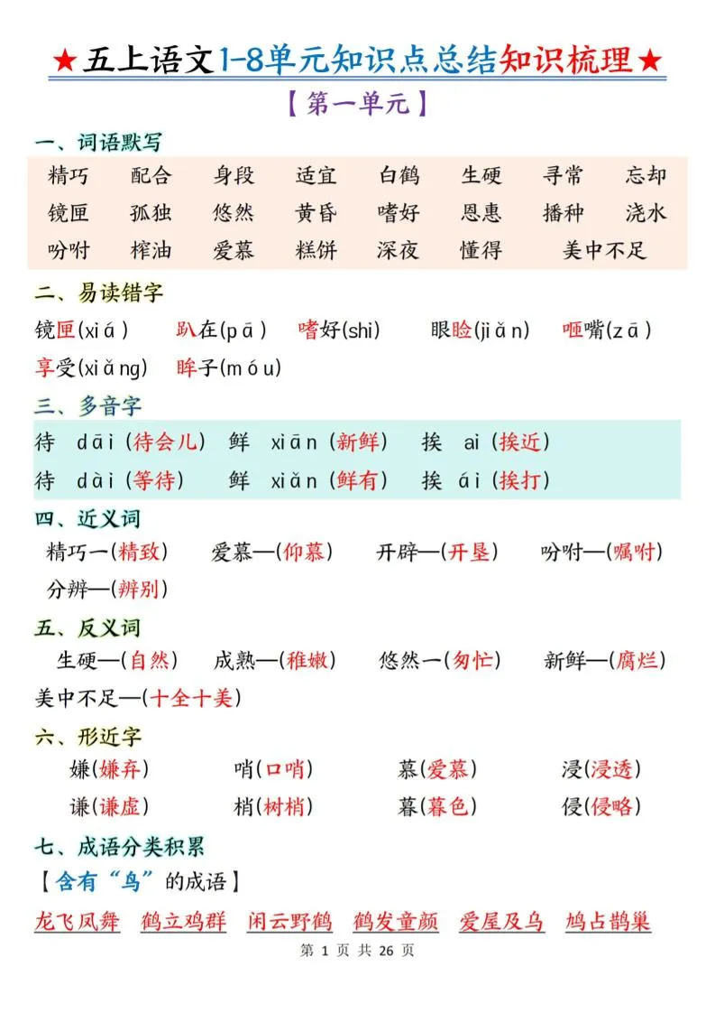 五上语文1-8单元知识点总结知识梳理26页