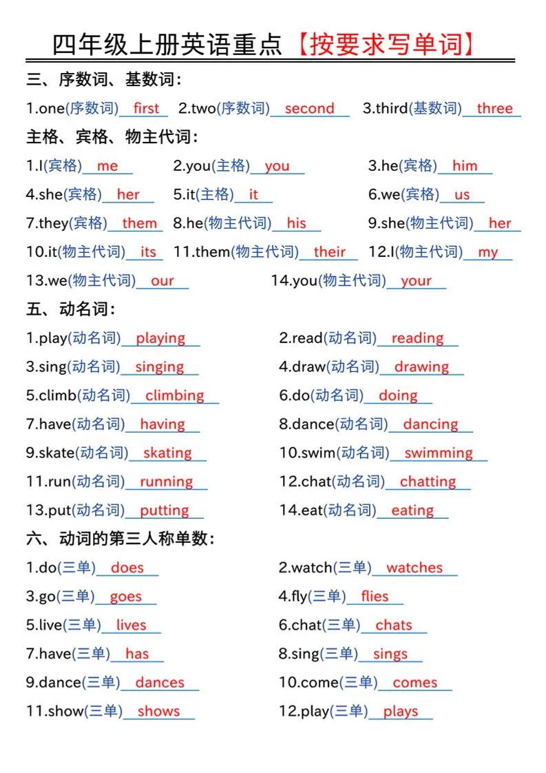 四年级上人教PEP版英语重点按要求写单词（答案）-学海库