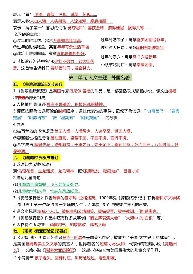 六年级下语文1-8单元常考知识点总结-学海库