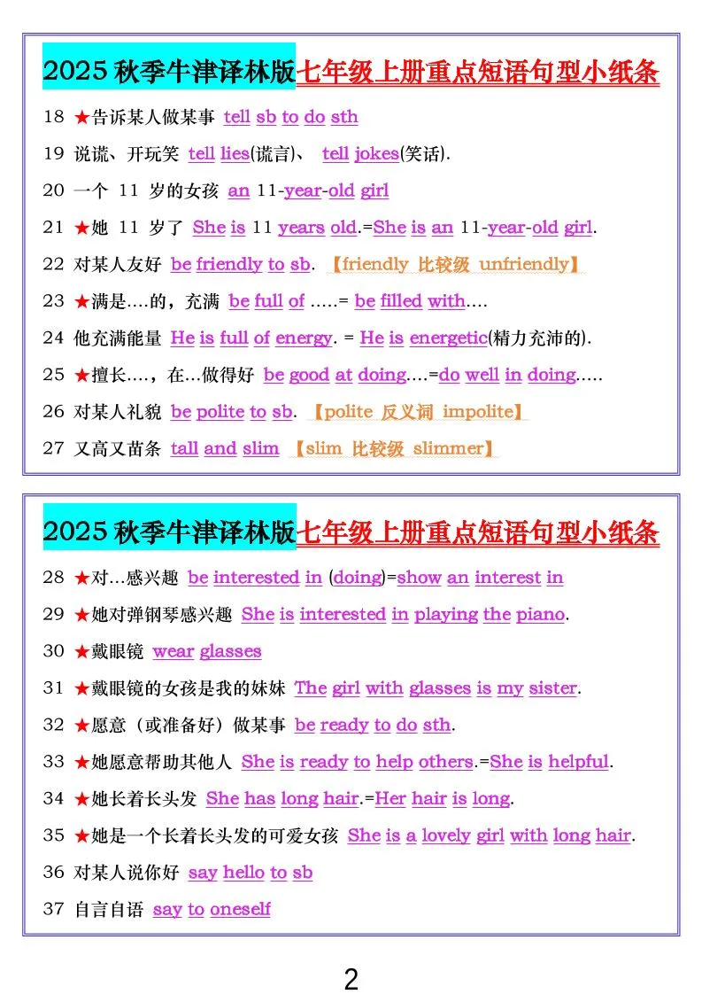 七年级上英语重点短语句型小纸条（牛津译林版）-学海库