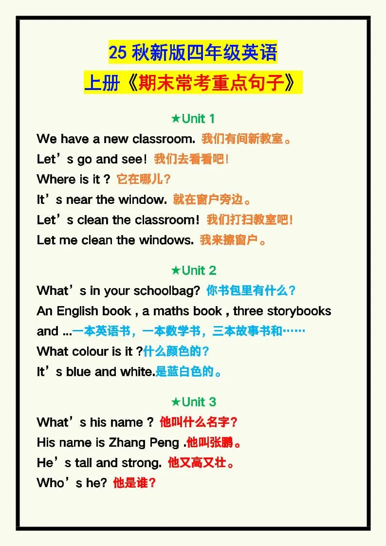 【2025秋新版】四年级英语上册《期末常考重点句子汇总》！