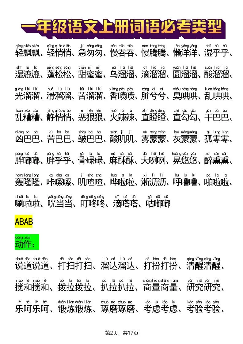 新一上语文词语必考类型(ABB、ABAB、AABB、ABCC、AABC、ABAC、ABCB类词语)17页-学海库