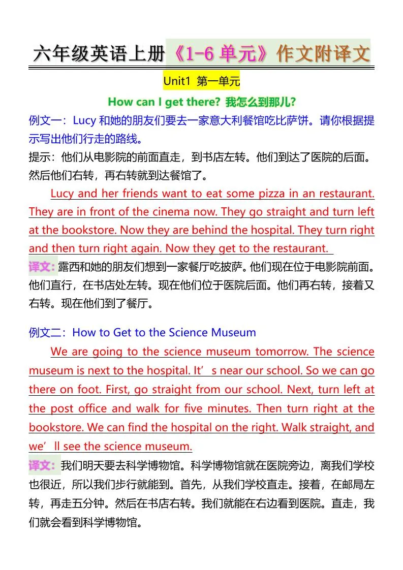 六年级英语上册《1-6单元》作文附译文