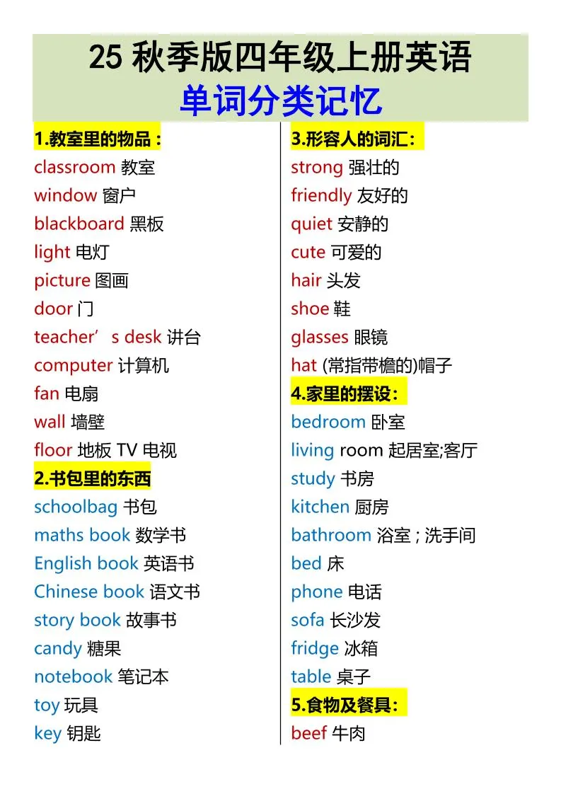【2025秋新版】四年级上册英语•单词分类记忆