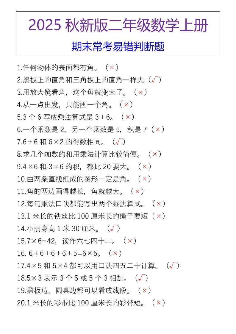 【2025秋新版】二年级数学上册期末常考易错判断题-学海库